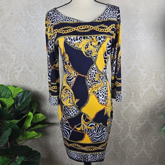 Cache Size 10 Navy Gold White Sheath Dress Animal Print Chain Pattern Sleeves - Picture 1 of 11